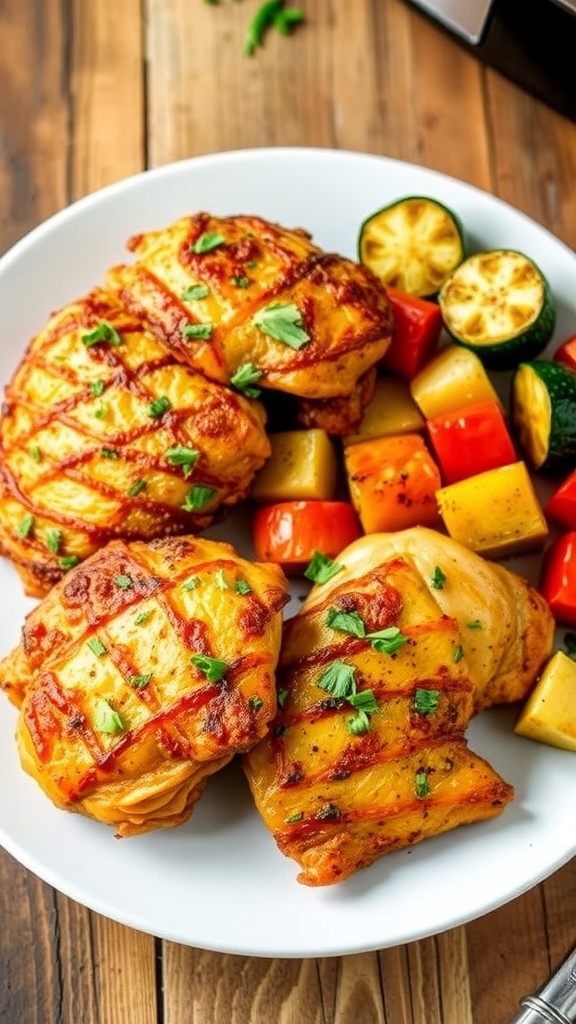 Crispy air fryer chicken thighs served with roasted vegetables on a rustic wooden table.